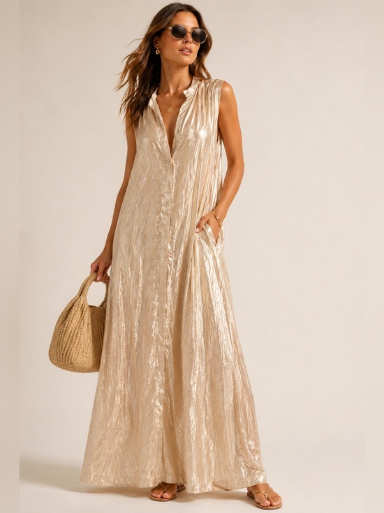 Cali Dresses & Skirts - CALI Metallic Gold Sleeveless Shirt Dress